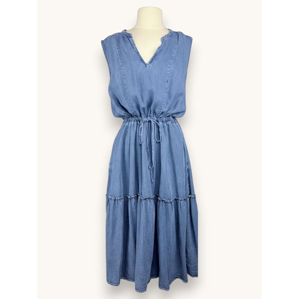 Lands' End XL Lyocell Chambray Tiered Denim Blue Midi Dress Boho XL